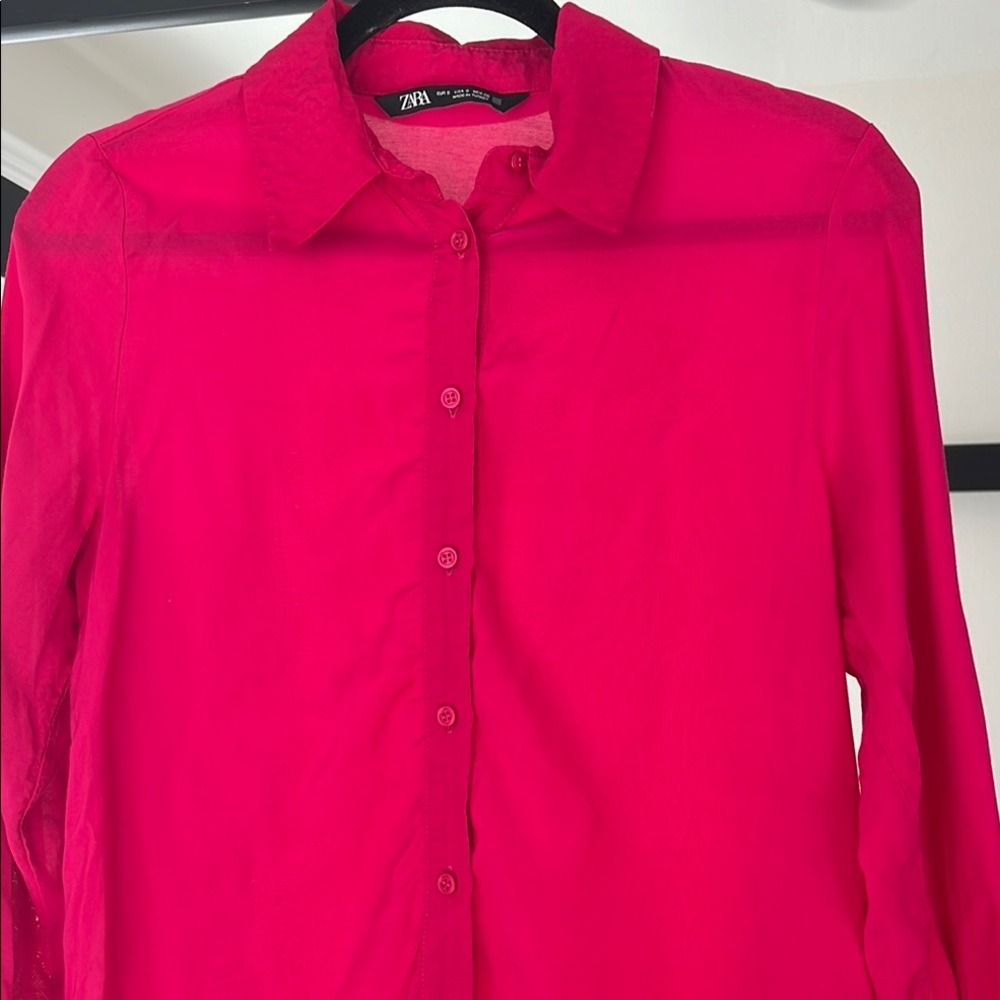 Zara Fuchsia Button-Up Shirt with Feather Cuff Detail